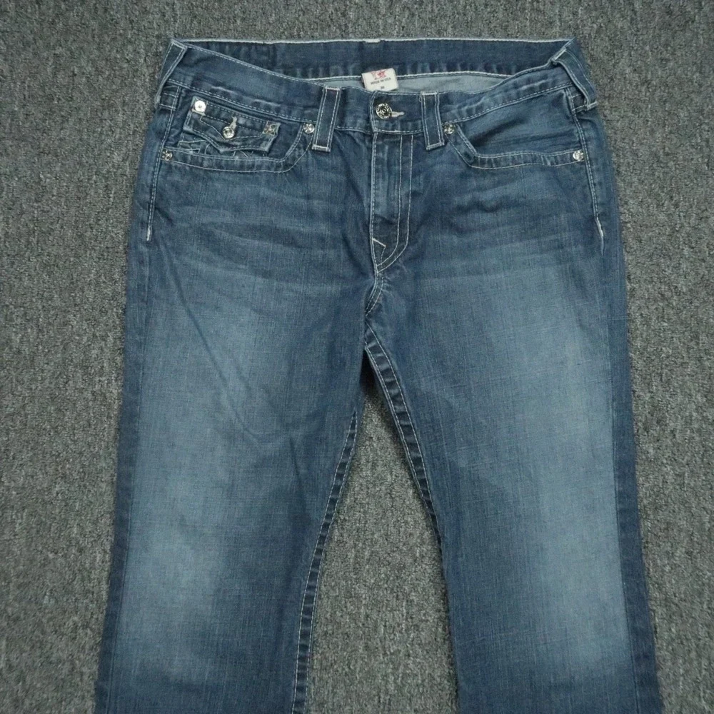 True Religion Jeans Mens 36x28‎ Blue Bootcut Raw Hem 5 Pocket Flaps